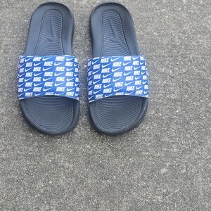 Nike Black Footbed Slides with Blue Logo Strap